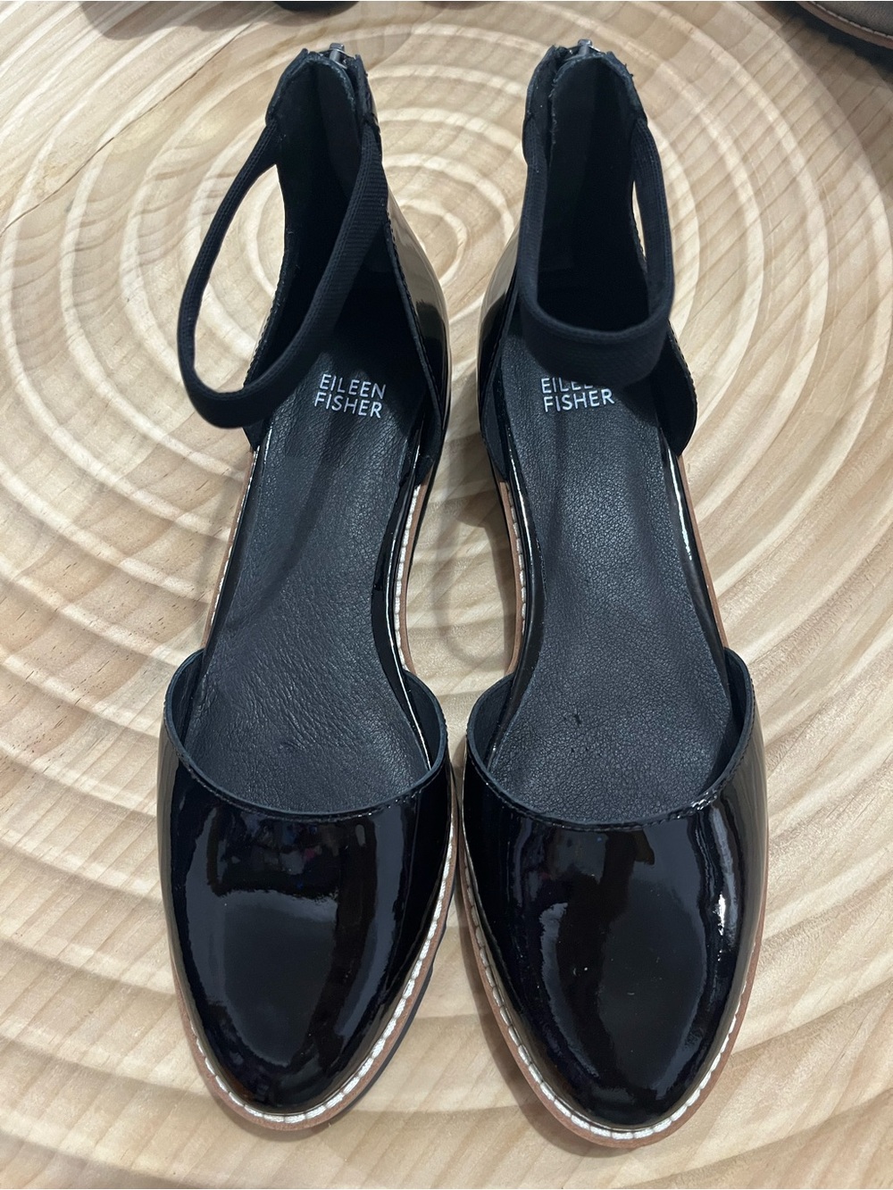 Eileen Fisher Black Patent Leather Ankle-Strap Flats